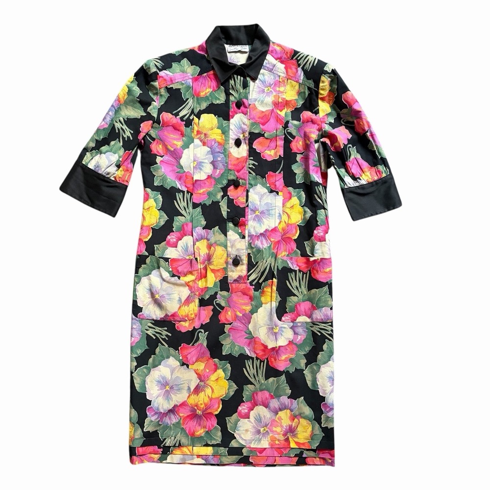 Angela Caputi Vintage Floral Shirt Dress Black Cotton Made in‎ Italy L